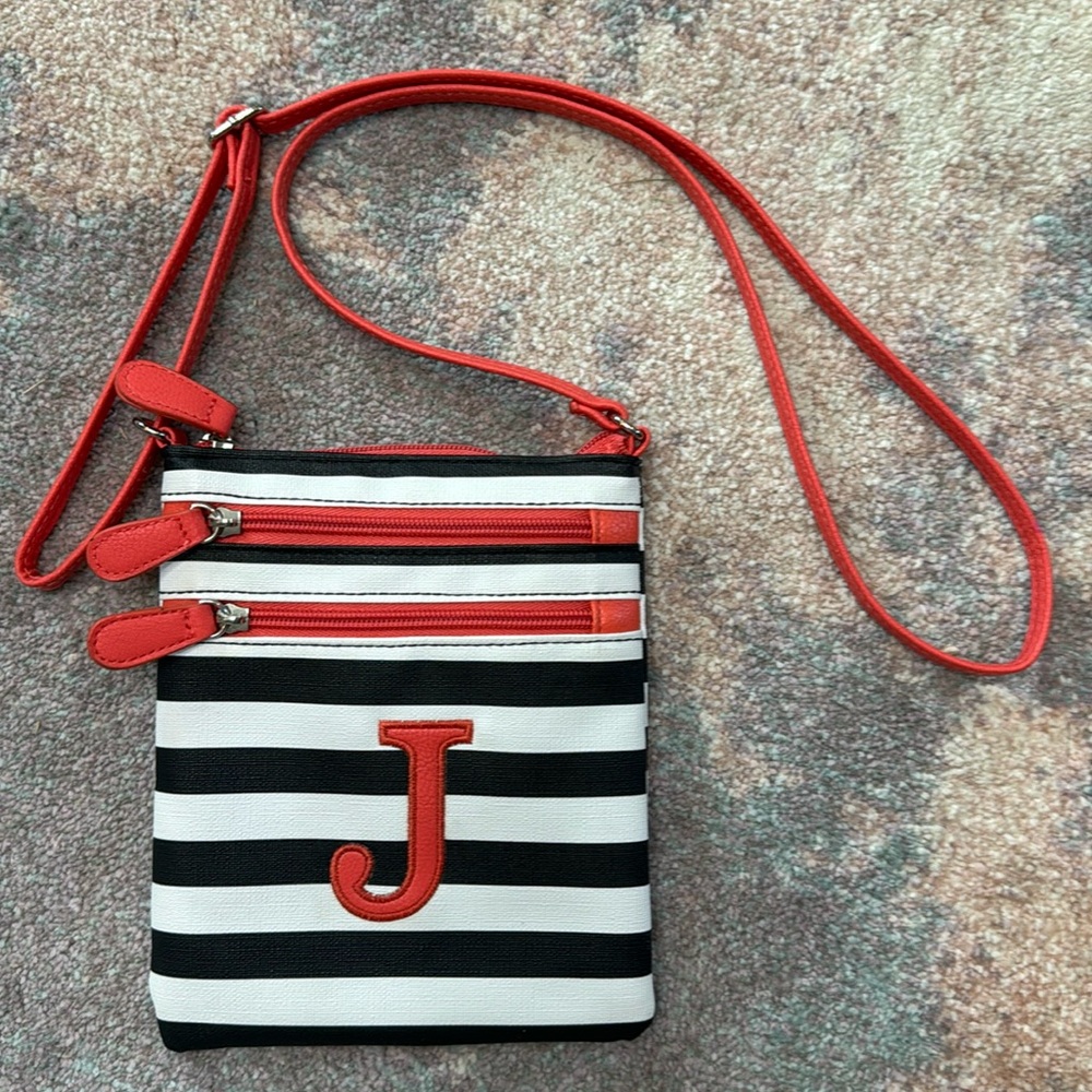 Black, white & salmon multi-pocket, monogram J shoulder bag, adjustable strap